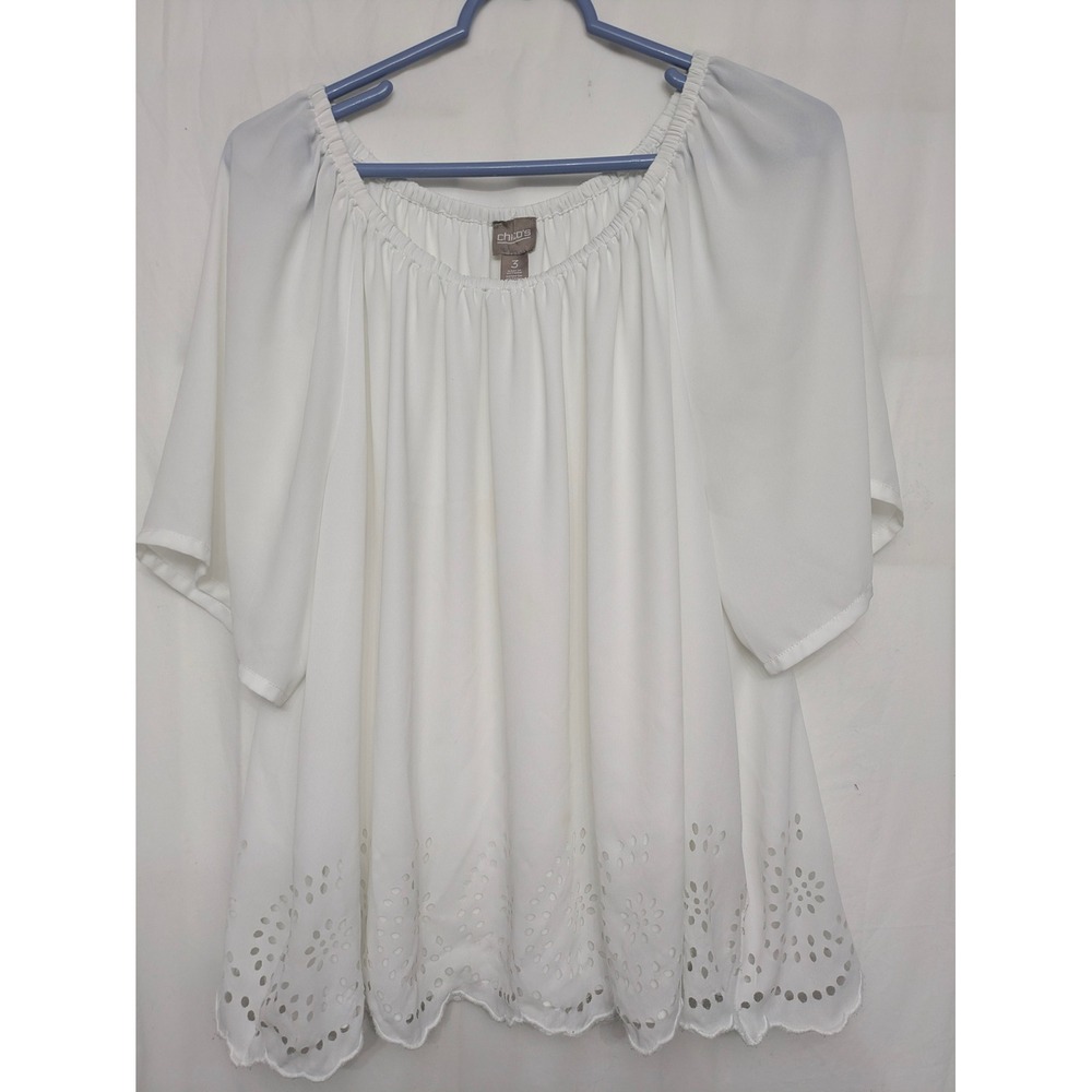 Chicos White Eyelet Scallop Hem Off The Shoulder Blouse Top Size 3 XL